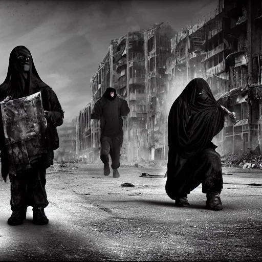 women, faces covered in black masks, ragged clothes, holding flag, realistic, Life Magazine photgraphy, war-torn, destroyed city in the background, 8k resolution, hyperrealistic, detailed matte painting, b&w, dynamic lighting, war, anarchy, terrorists, George Grie, Ben Goossens, brian froud, howard lyon, selina french