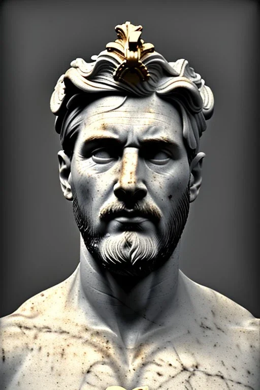 Ultra Realistic image, classical renaissance sculpture, white marble material, Lionel Messi, emperor style, gold Laurel leaves crown, miguel angel style, chisel style, emperor, waist up portrait, epic, celestial, cinematic lighting, God light, god rays, 4k resolution, smooth details, ornate details, soft lighting, unreal engine 5, sky background.