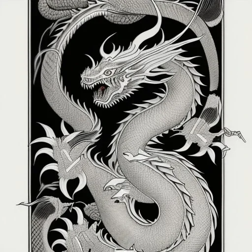 Ukiyo-e styled art, black and white dragon, full picture