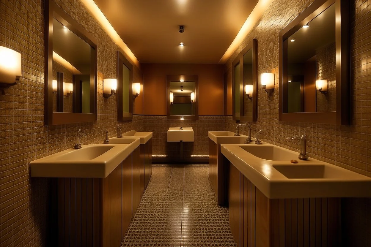 Pictures of a group of bathrooms in Mathaf Restaurant. The walls and floors are in brown tones, and the sinks are on one wall.