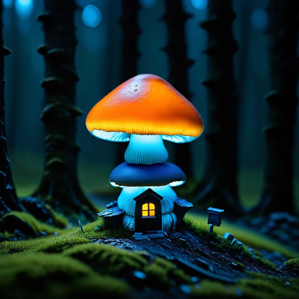 "Close up of a wonderful tiny Mushroom Tower home. Orange and indigo with bright white, deep black and contrasting tones of gray. Illuminated bioluminescent forest. Professional painter, master at composition. small but detailed. broken, blurred background, voluminous lighting"