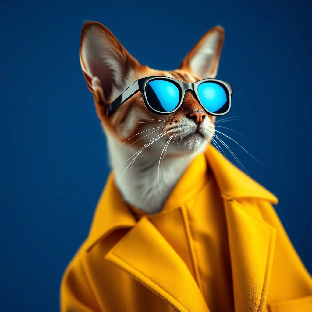 Prompt: The best cell phone wallpaper, Award-Winning Wallpaper, portrait photography, In the front view is a portrait of a Oriental shorthair Siamese wearing mid-1960s space age fashion, Side view photo, Shot with Canon EOS R5, Set a strong contrast that accentuates the subject, Fluorescent blue tone, Wearing a very modern coat and sunglasses is a modern 1960s style, Clothes all in one color, beautiful background.