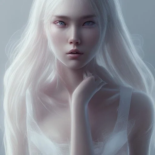 mdjrny-v4 style, medium length white hair, a young South Korean girl wearing pink lingerie, proportional body, a highly detailed face by Greg Rutkowski and Magali Villeneuve, beautiful eyes, toned body, cinematic lighting, depth of field, photography