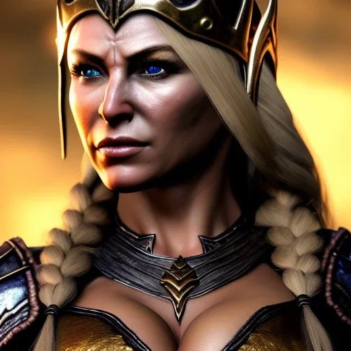 Ultra detailed fullbody Portrait in oil on canvas of Skyrim beautiful busty female Viking GreatHall ,extremely detailed digital painting,ultrarealistic skin,intense stare, extremely detailed face, crystal clear eyes, mystical colors ,perfectly centered image, perfect composition, rim light, beautiful lighting,masterpiece ,8k, stunning scene, raytracing, anatomically correct, in the style of Simon Bisley and Ohrai Noriyoshi and robert e howard and Steve Jung and Wizyakuza and uncannyknack.