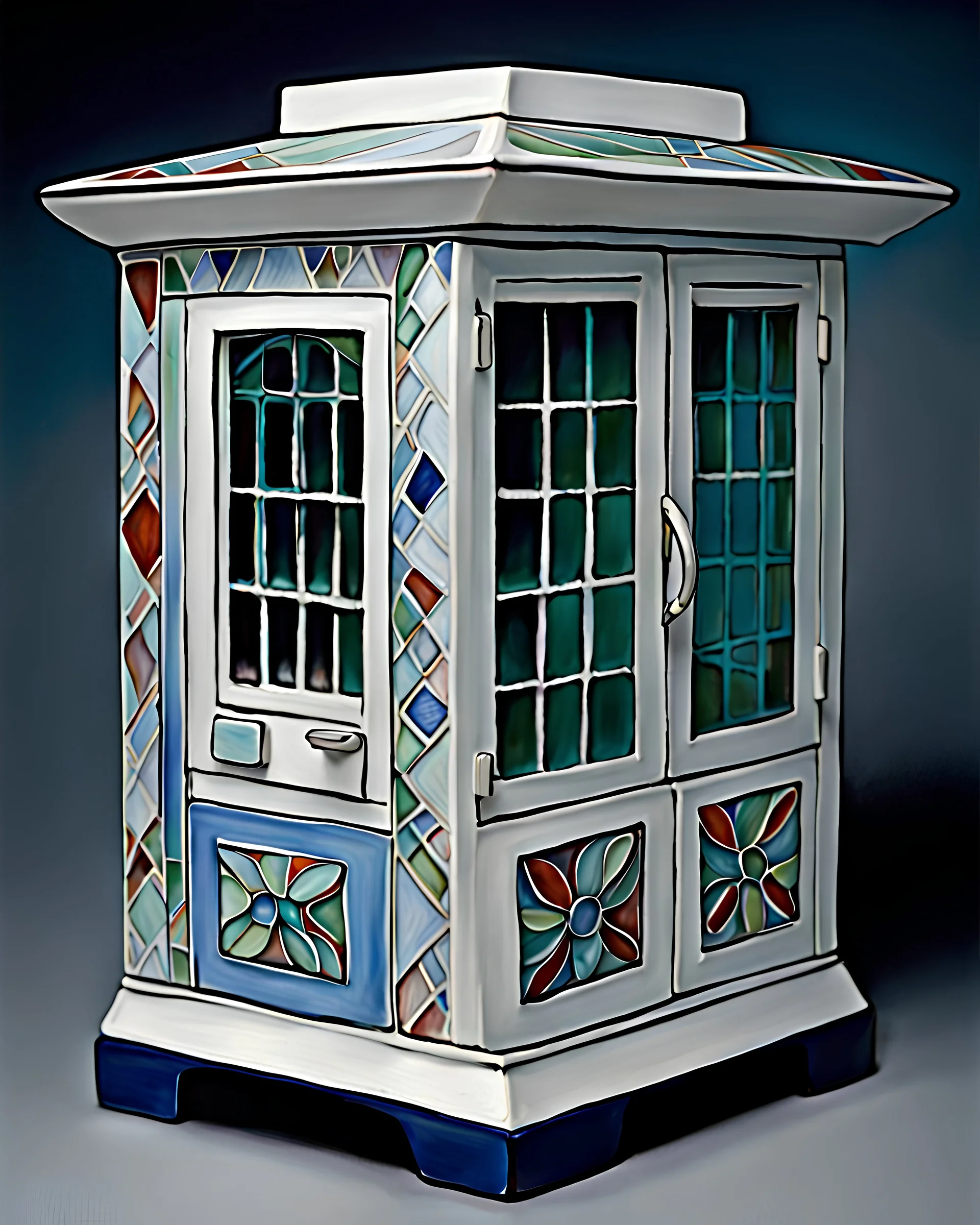 intricate porcelian sculpture of the square vacant street kiosk, circa 2000, painted and glazed ceramics, 7cm height, facade small square window for cash, flat roof, one-story, one-room, silver mean composition, hyperdetailed, sophisticated, intricate details, contemporary urban art gallery, product-focused, sharp focus, inspired by minimalism, Mark Rothko, Marc Chagall, Benetton and gestalt theory