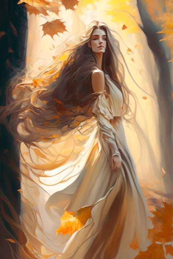 20 something model with long flowing dress and long flowing hair, realistic, surrounded by summer forest with light pastels, dreamlike haze, full body photography, surrounded by autumn leaves, warm golden lighting, dreamlike haze, Nostalgic, Intricate, Digital painting, Artstation, Smooth, Sharp focus, inspired by art of boris vallejo and julie bell, surrounded by autumn leaves, warm golden lighting, dreamlike haze, Nostalgic, Intricate, Digital painting, Artstation, Smooth, Sharp focus, inspire