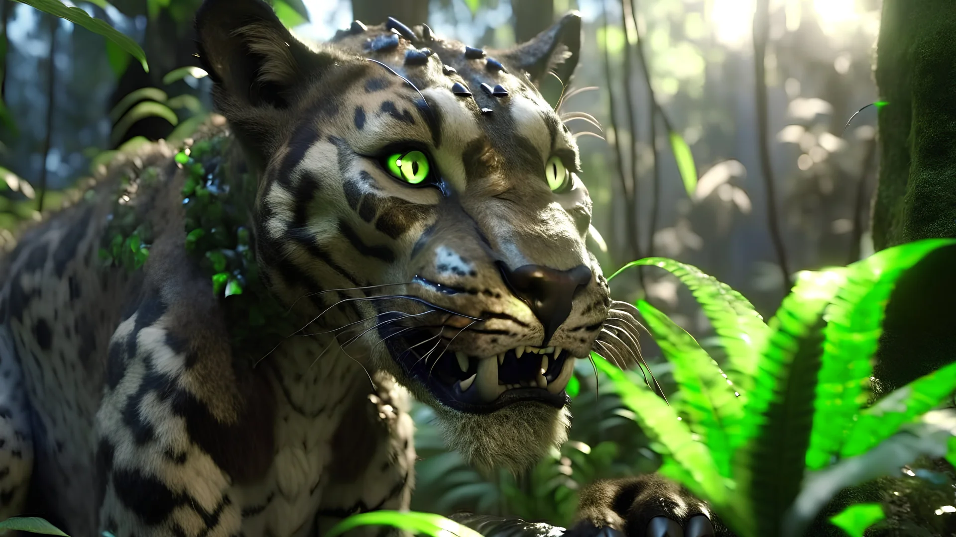 Huge sabre-toothed cat in the jungle with intricately detailed face, professional photography, bokeh, a breathtaking background cinematic side light, wide shot shot on dslr 64 megapixels sharp focus, canon lens, Hyperrealistic, concept art, 16k resolution