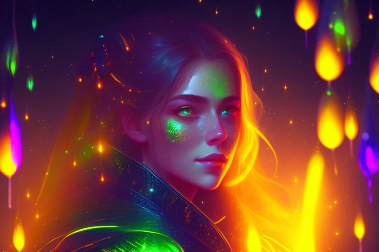 Portrait of a woman, Fireflies in Asgard, colorful polychromatic, ultra-detailed, Artstation, deep color, volumetric lighting, yellow-green color.