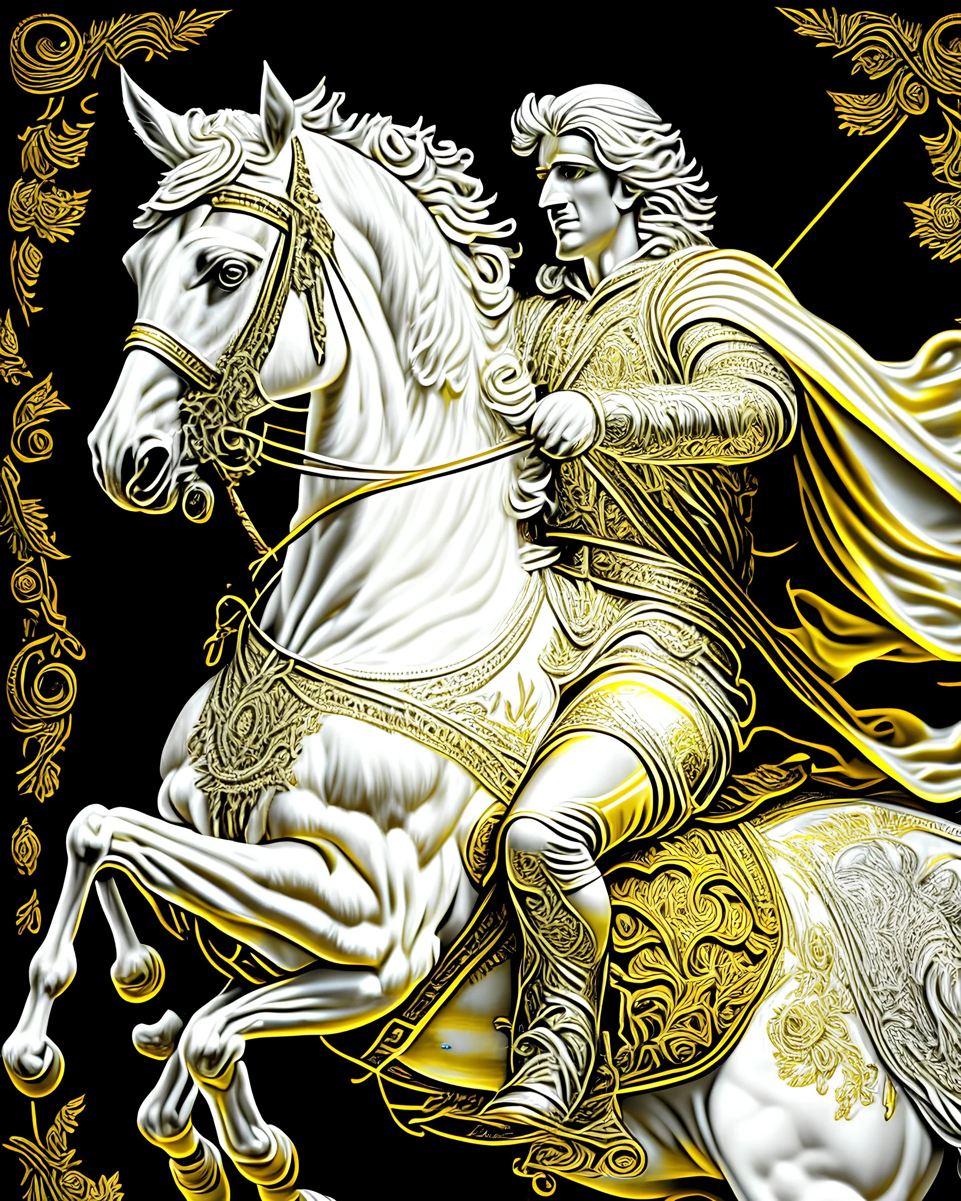 Alexander the Great on his horse fine intricate hyper-detailed ink art yellow cream silver and white full body 8k artwork