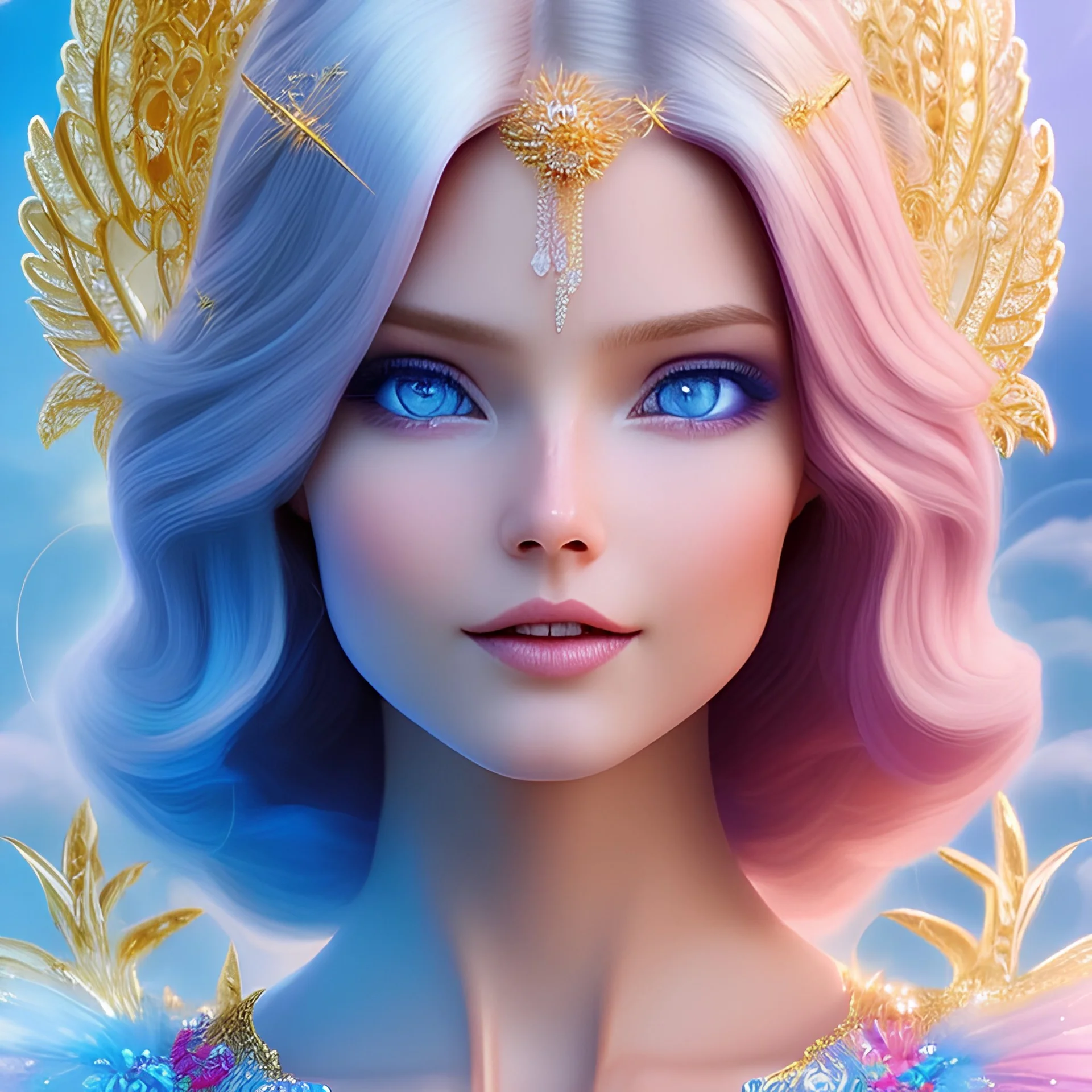 Flower angel, beautyful smiling young woman, long hair amazing blue eyes, happy cosmic, bright colors, blue, pink, gold, jewels, realistic, photo real, clear sunny background, highly detailed, high contrast, 8k high definition, unreal engine 5, extremely sharp detail, light effect, sunny light background
