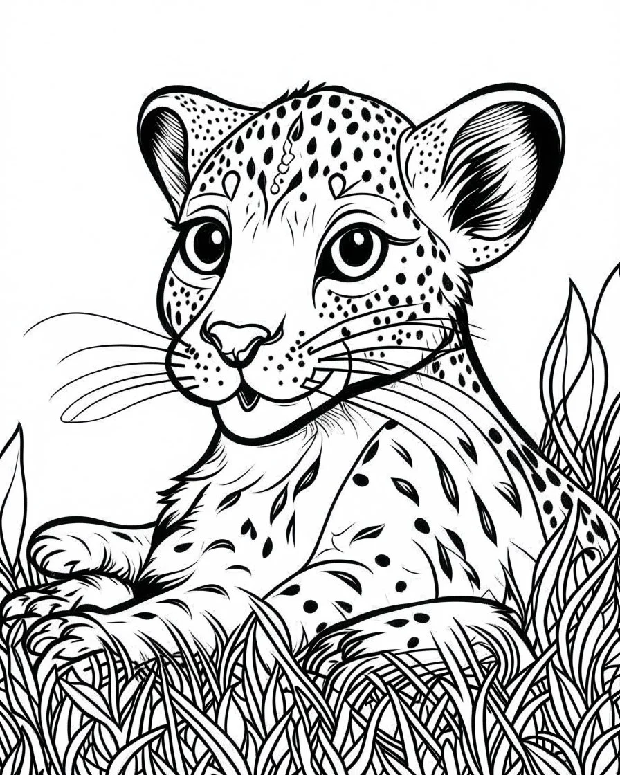 create a 2d black outline, "safari smiling cartoon baby gepard coloring book for toddlers", coloring page, low details design, black contour, coloring page design, simple background, colorful , card style, coloring page for kids, white background, sketch style, safari landscape, cartoon style