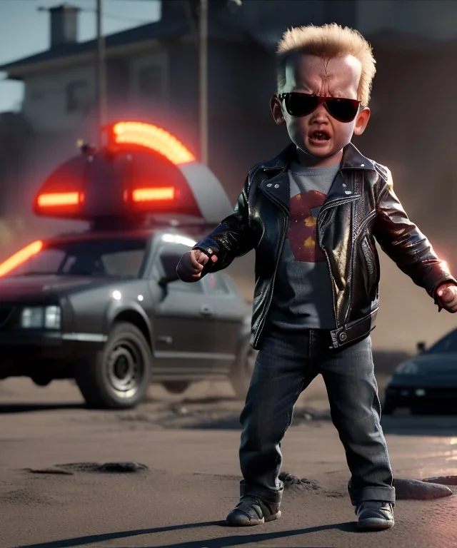 The Terminator toddler, full body, dramatic lighting, angry, hyper realistic