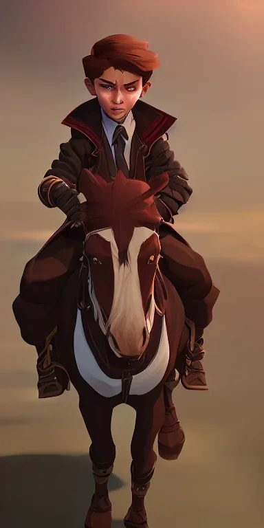 a handsome 9 year old brown haired little warlock kid riding a horse