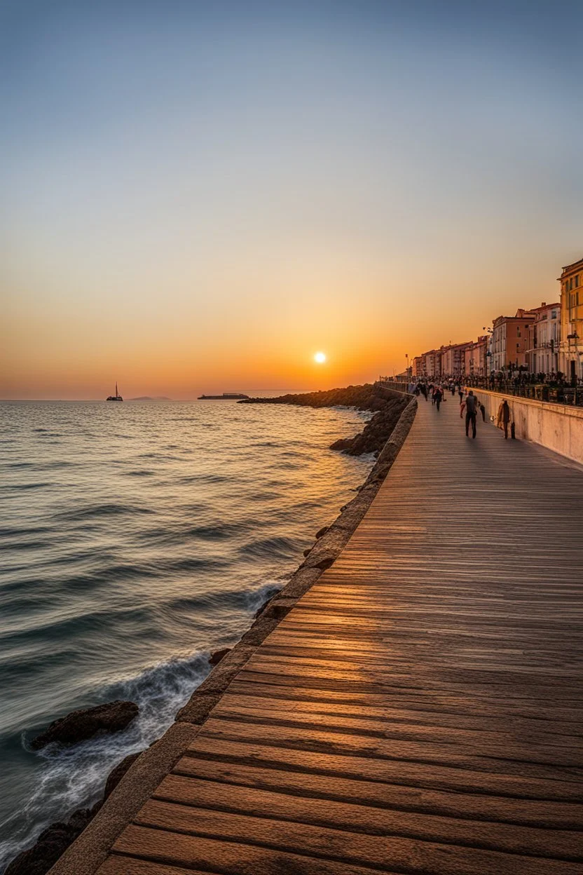 You are an experienced photographer, use a full-frame DSLR with a wide-angle lens and create a realistic photograph of the coastal promenade in Piombino at sunset, overlooking the gently rippling sea, with a view of Elba and a ferry sailing towards it.