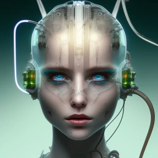 singer Danish MØ face, lumen lighting, led lights, <hanging wires> many wires connected to the head<perfect pupil> <cyborg> <garage> <sci-fi futuristic>