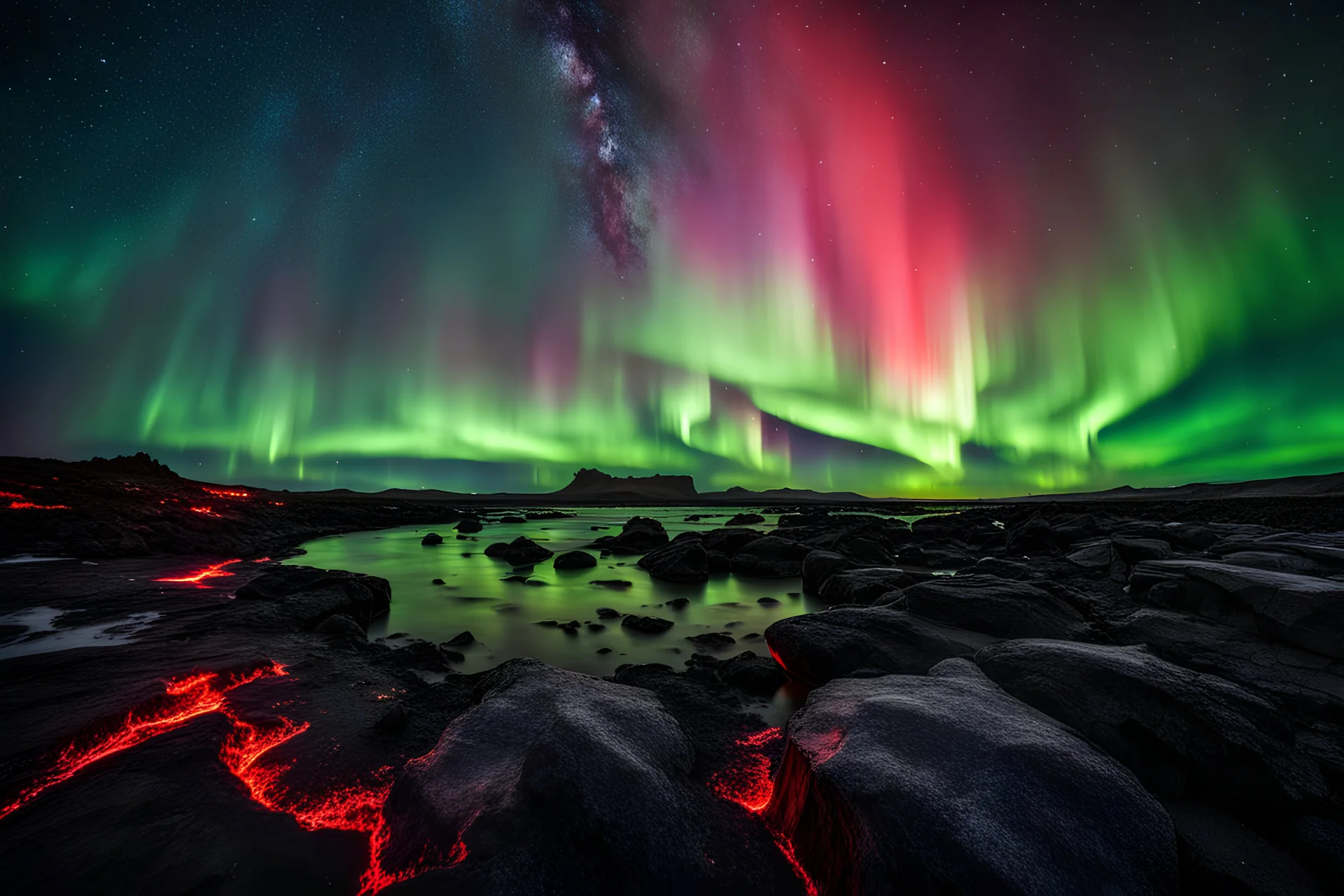 wide angle photo realistic view of a starry sky with spectacular Northern Lights with magical translucent colours. In the foreground is a catastrophic break in the Icelandic surface, with bright red lava spewing into the air of the crevices. Absolutely magical and mystical!