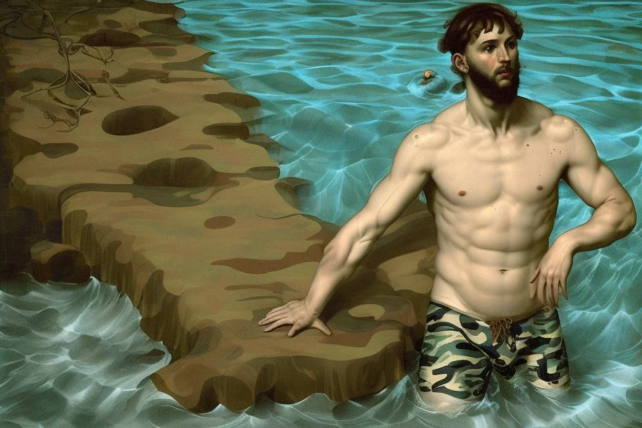 man in camo swim in deep water by andrea del sarto