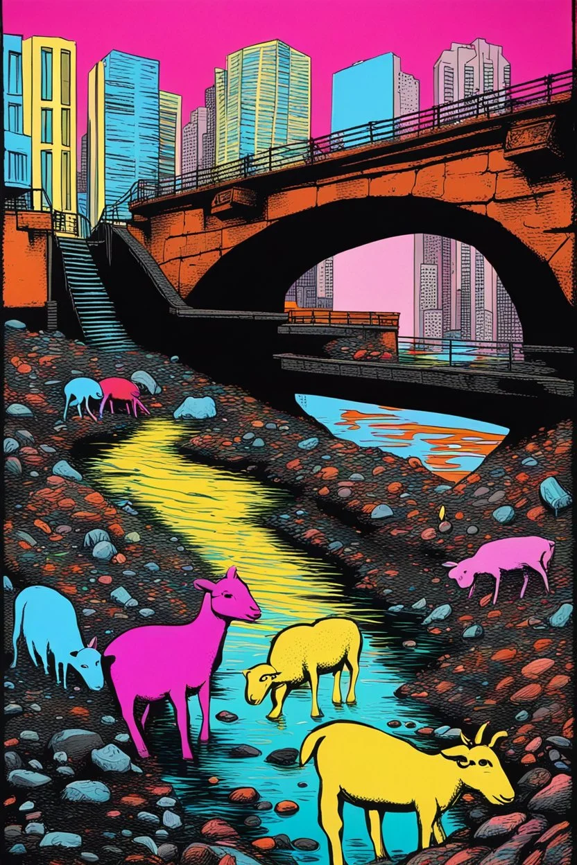 painting of a cyberpunk colourful natural walkway rubbish on the street in the city with pollution and a small bridge by a creek with electric sheep and androids by andy warhol