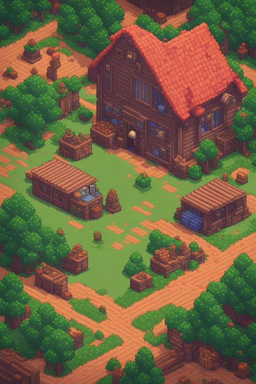 an 8-bit inspired rendering of a Stardew Valley farm