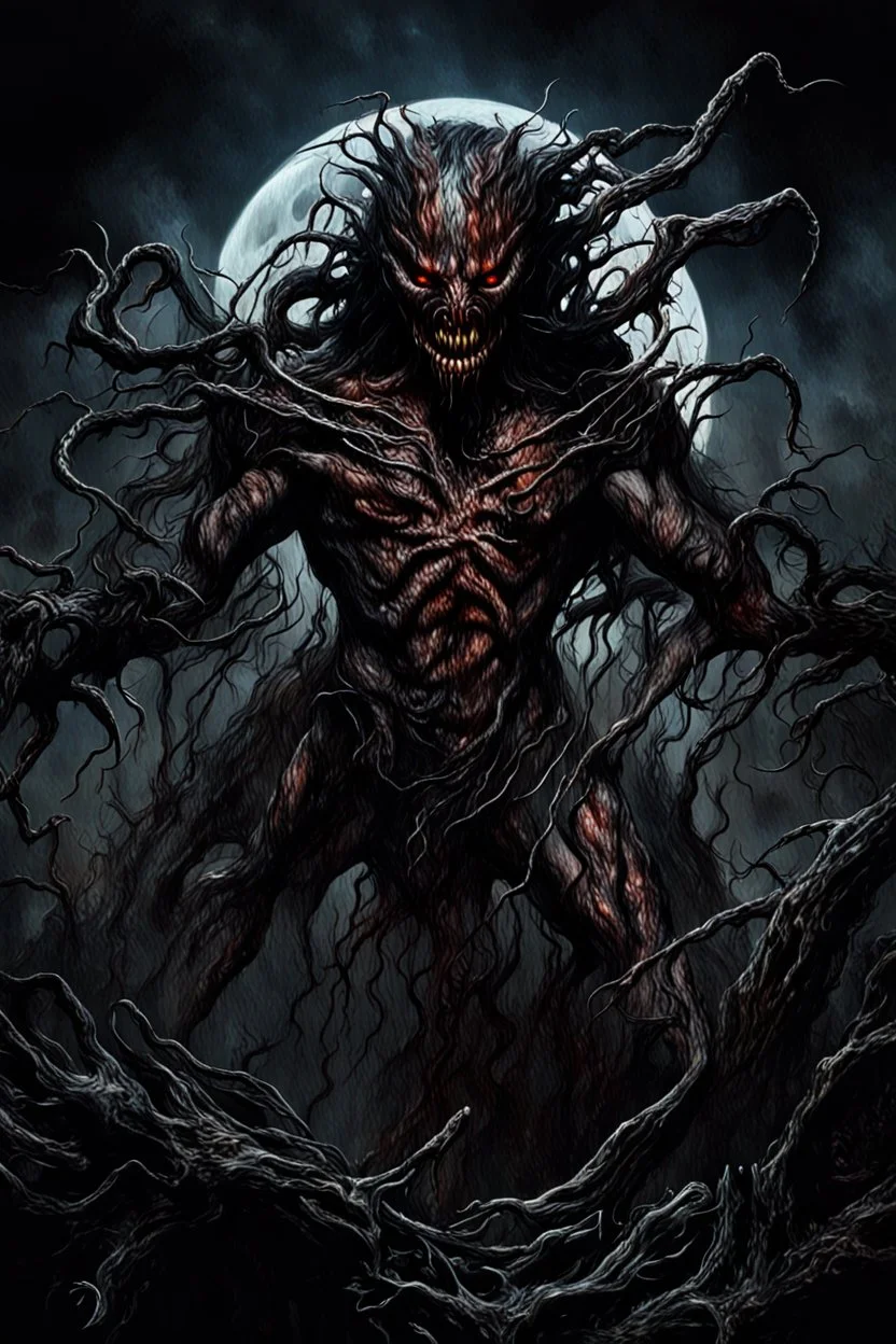 A dramatic digital painting portraying a horror monster under the Moon, veins pulsing, claws of temptation visible, soul in turmoil. In the style of Luis Royo and Boris Vallejo and Giger and Ridley Scott, vivid colors, swirling brushstrokes, highly detailed, 8k resolution, surrealistic., juicy emotions, painting, gloomy fantasy, gloomy day, dark world, portrait, graphite, wide strokes, a weaving frame around, by Ryohei Hase, Agnes Cecile, Raymond Swanland, Anne Bachelier