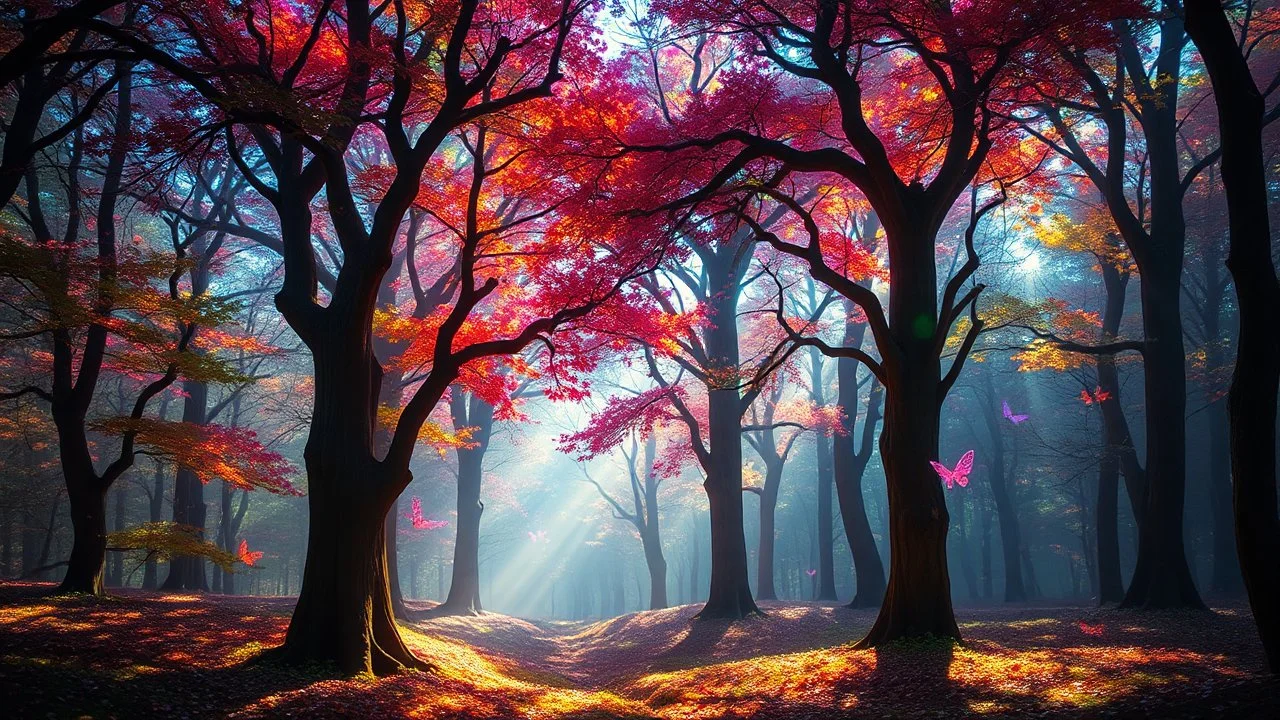 A fantastical forest where the trees are made of shimmering glass and their leaves resemble stained glass windows, casting colorful, kaleidoscopic shadows on the ground. Ethereal creatures with luminescent wings flit between the branches, award-winning photograph, beautiful composition, exquisite detail and illumination