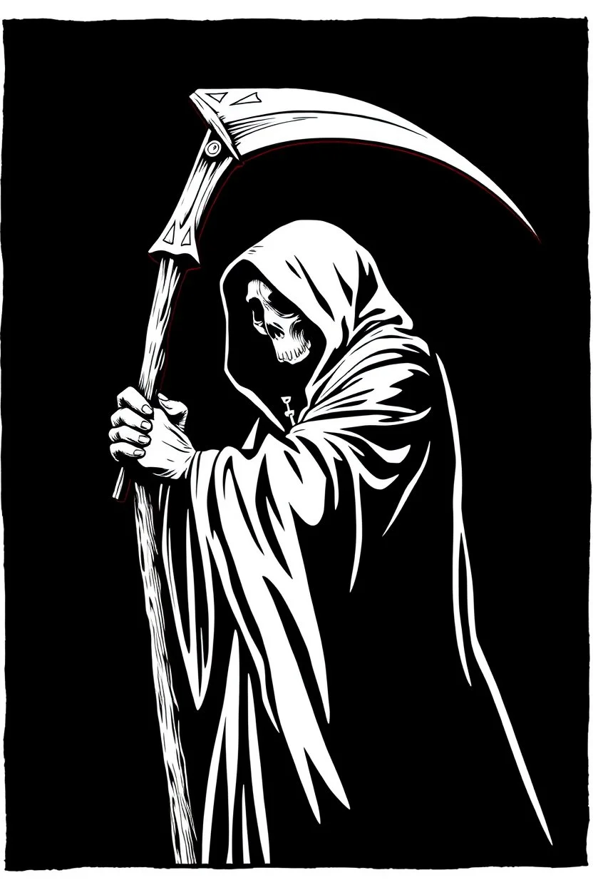 hooded Grim-Reaper gripping scythe(upward), vignette, black and white graphic novel style with a red outline, and black background,