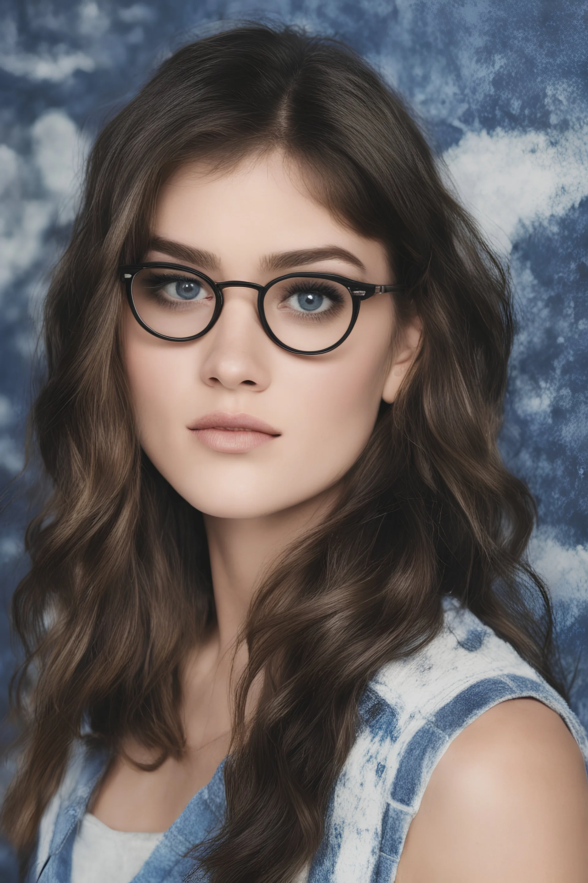 1980's yearbook photo, Lucy Hale/werewolf hybrid, 1980's clothing and hair styles, 4k UHD, photorealistic, ((big, full, plump, pouty lips:1.5)) black hair, big cat-eye eyeglasses, dark blue foggy gradated marble wall background - Lucy Hale is so hot it makes me all warm and fuzzy just looking at her face