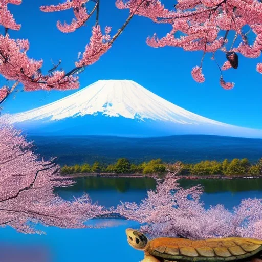 Turtle and Mount Fuji and cherry blossoms