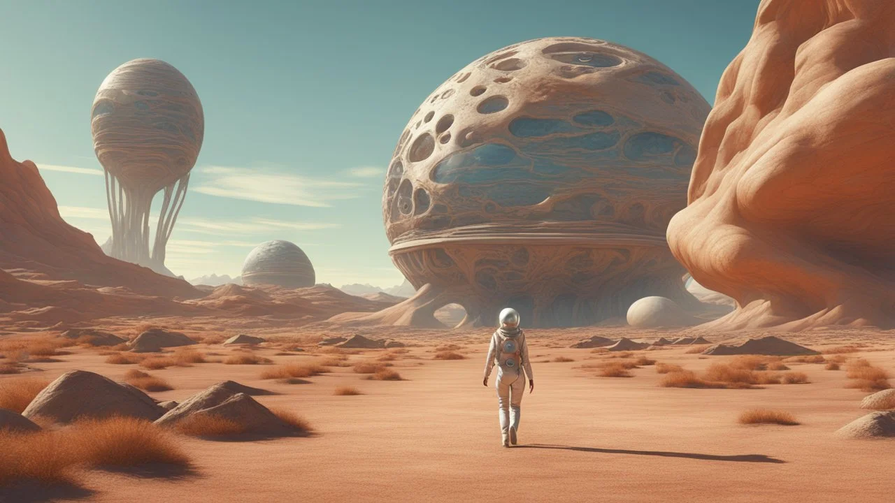 A slim woman in an open-faced space suit walking through an alien landscape towards a building, with strange alien buildings, strange surreal plants, photorealistic, Deep Colour, Intricate Detail, sunshine, blue sky