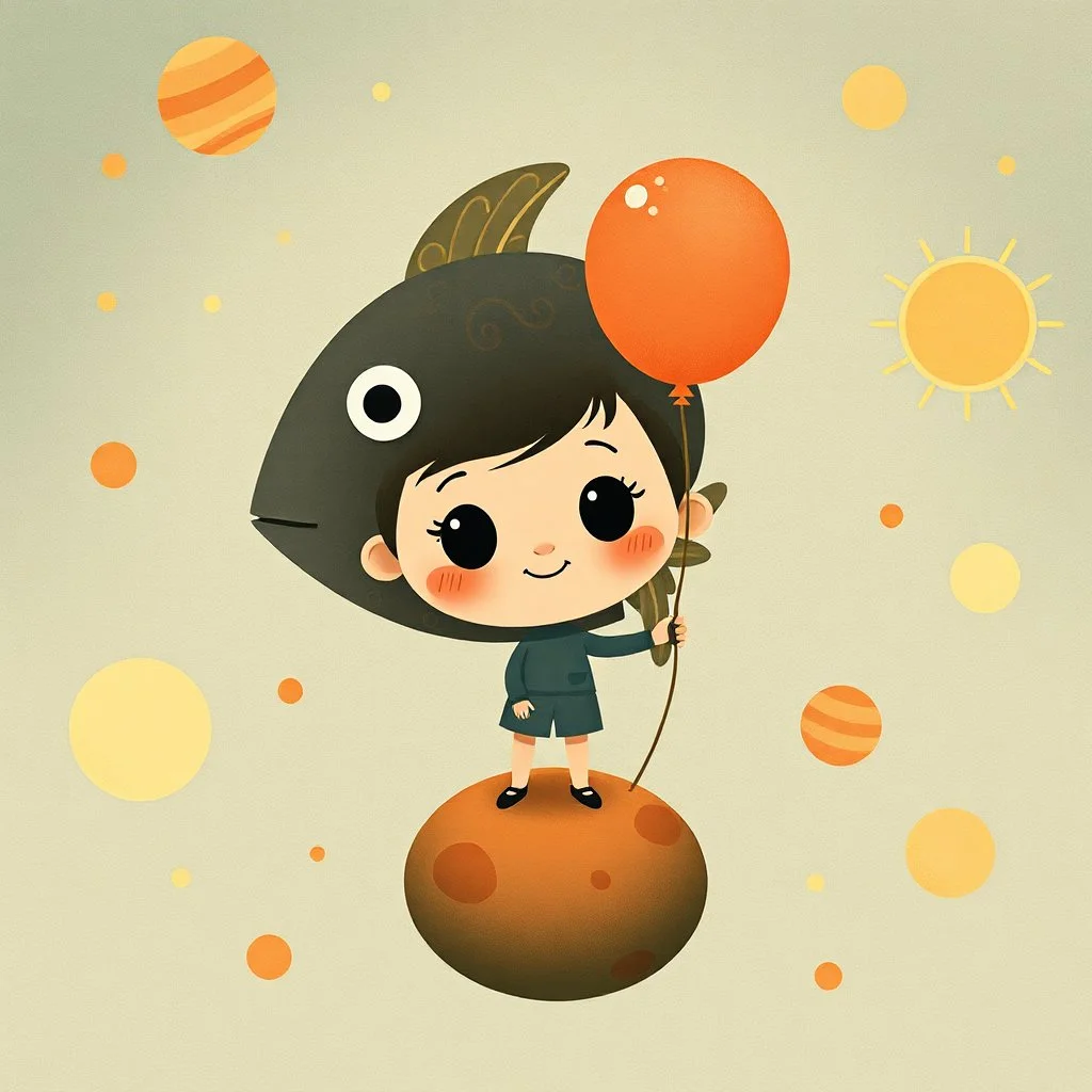 Charming stylized characters. Large heads, big expressive eyes, small, delicate features. Done in the playful and minimalist style of modern children’s book illustration. Diffused outlines, misty, dream-like quality. Colors are warm and subdued illustrating a cheerful demeanor. With a touch of quirkiness. Show me a cute young kid with a balloon in the shape of a big fractal-decoration-covered fish standing on s little planet floating in a sky painted with stars, suns and planets like ones one wo