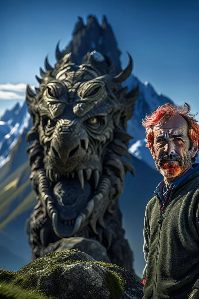 portrait Geordie Kieffer in the Alps on mountain top, with rock giant creature in the background,shot on Hasselblad h6d-400c, zeiss prime lens, bokeh like f/0.8, tilt-shift lens 8k, high detail, smooth render, down-light, unreal engine, prize winning