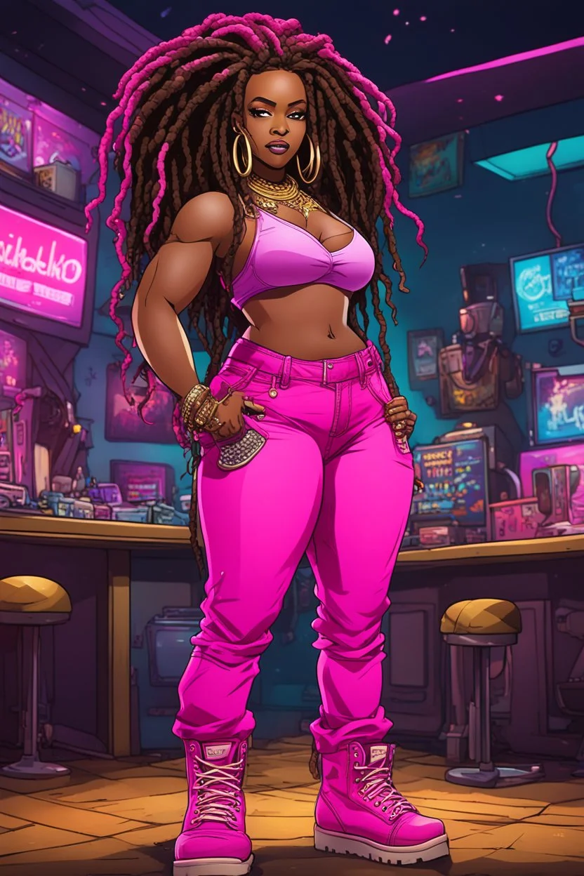 Create a comic book cartoon of a curvy African American female wearing a hot pink jean outfit with timberland boots. Prominent make up with hazel eyes. She is wearing large diamond hoop earrings. Extremely highly detailed very long dread locs hair that shines. Background of a night club.