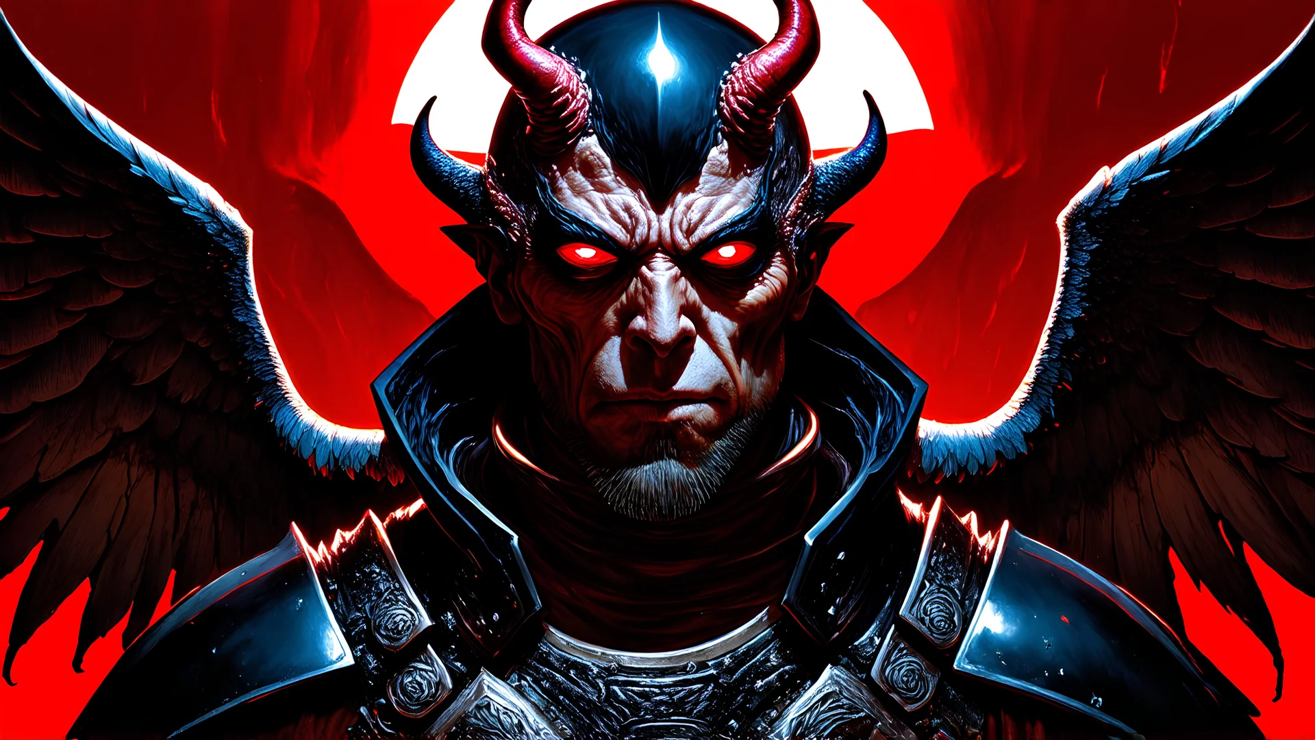 A close up of a cyclops wearing an epic art, in style of art, highly detailed art, ornate dramatic devil wing amulet, detailed digital 2d art, dan mumford and alex grey style, intricate armor, in the style dan mumford artwork, symmetric concept art, face of an black-armored villain, cyberpunk, on a deep red and black mechanic temple