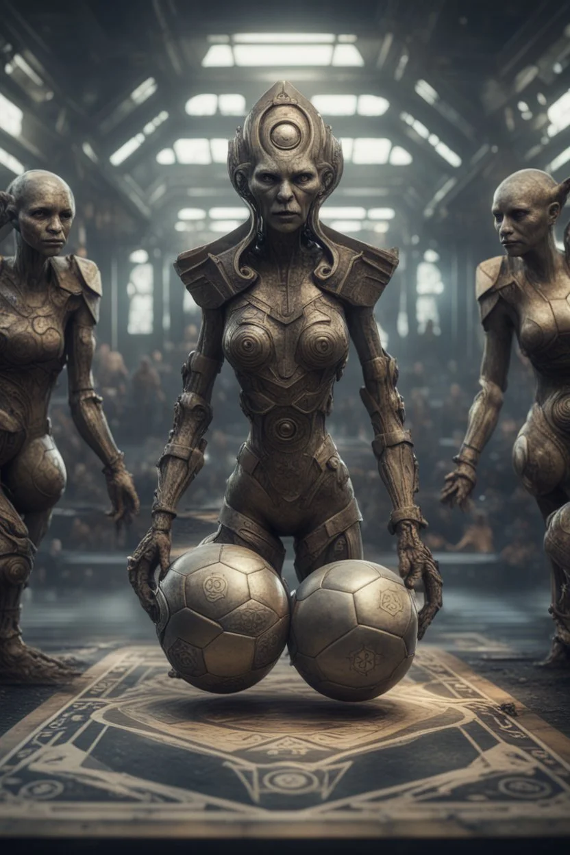 sacred geometry playing card, hyper violent ogre women soccer team in the Olympics in the style of Giger and fallout 4 ,,bokeh like f/0.8, tilt-shift lens 8k, high detail, smooth render, down-light, unreal engine