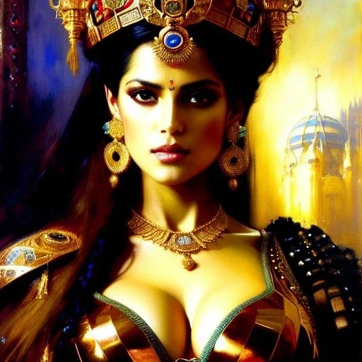 portrait beautiful face queen of Sheba ,busty,medieval metal armor balanciaga fashion clothe painting by gaston bussiere, greg rutkowski, yoji shinkawa, yoshitaka amano, tsutomu nihei, donato giancola, tim hildebrandt, oil on canvas, cinematic composition, extreme detail,fit full head inside picture