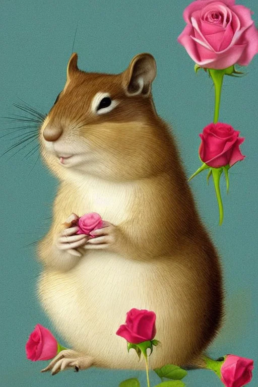 adorable chipmunk holds a diamond, roses on the beach, soft rounded edges, gentle, serene, magical, pastel colours, dynamic lighting, a masterpiece, surreal, Catrin Welz Stein style in sunshine