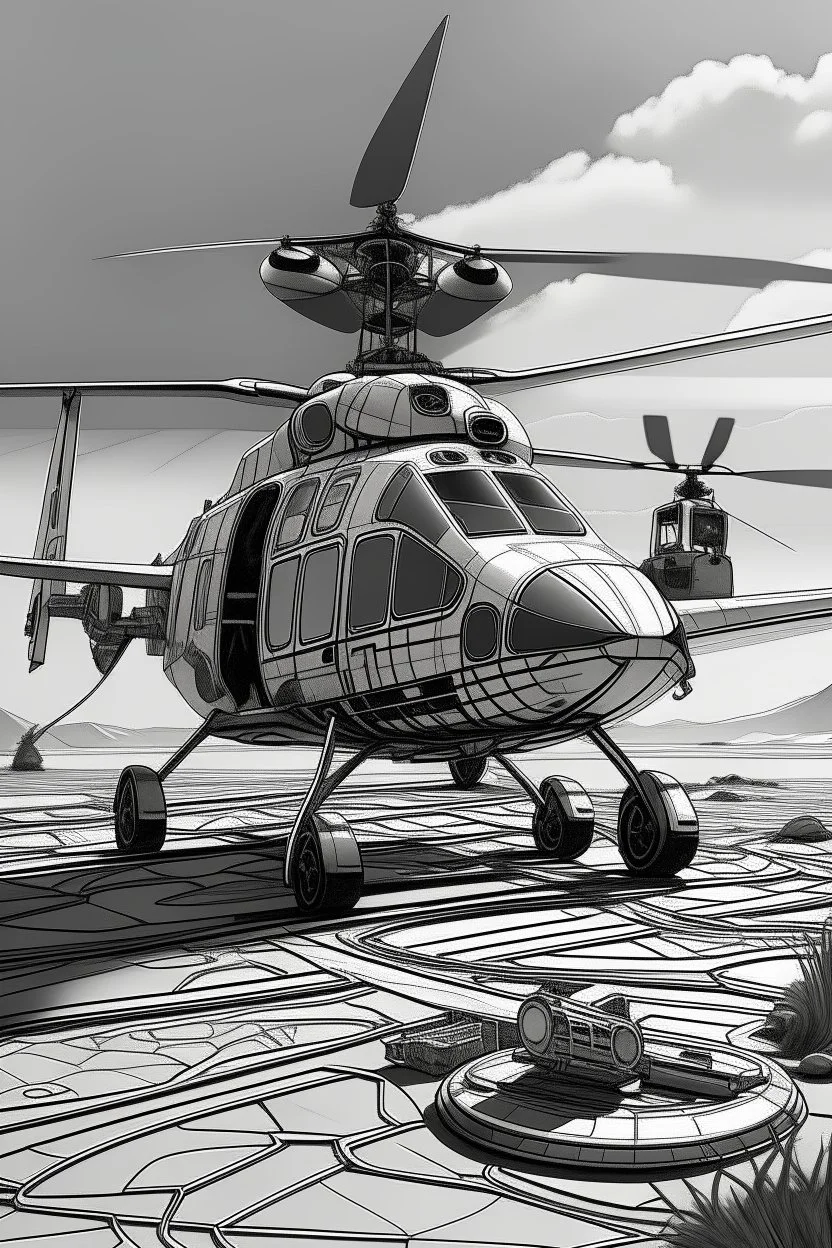 Outline art, no shading, helicopter on the ground, black and white, no shading, ow detail, --ar 9:11