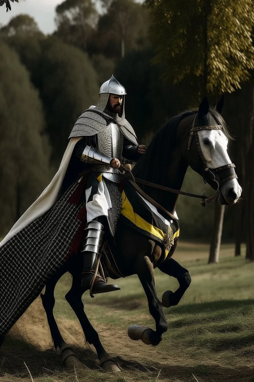 Medieval knight with a black and white checkered cape with a bright colored Lance riding a horse in the wilderness