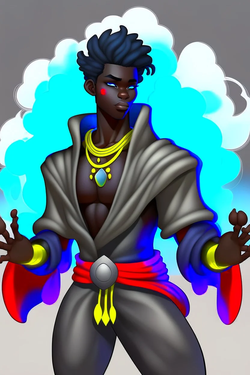 Male Air genasi fra d&d with black skin smoke some hair an Asian skin ghostly appearance with a Smokey undertone