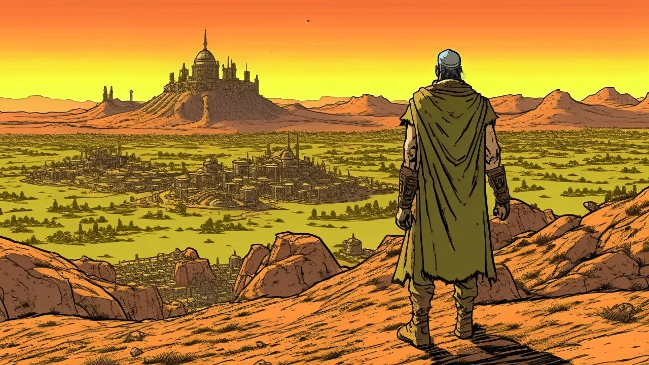 Desert warrior from behind looking at a city on a plateau in the distance, comic style
