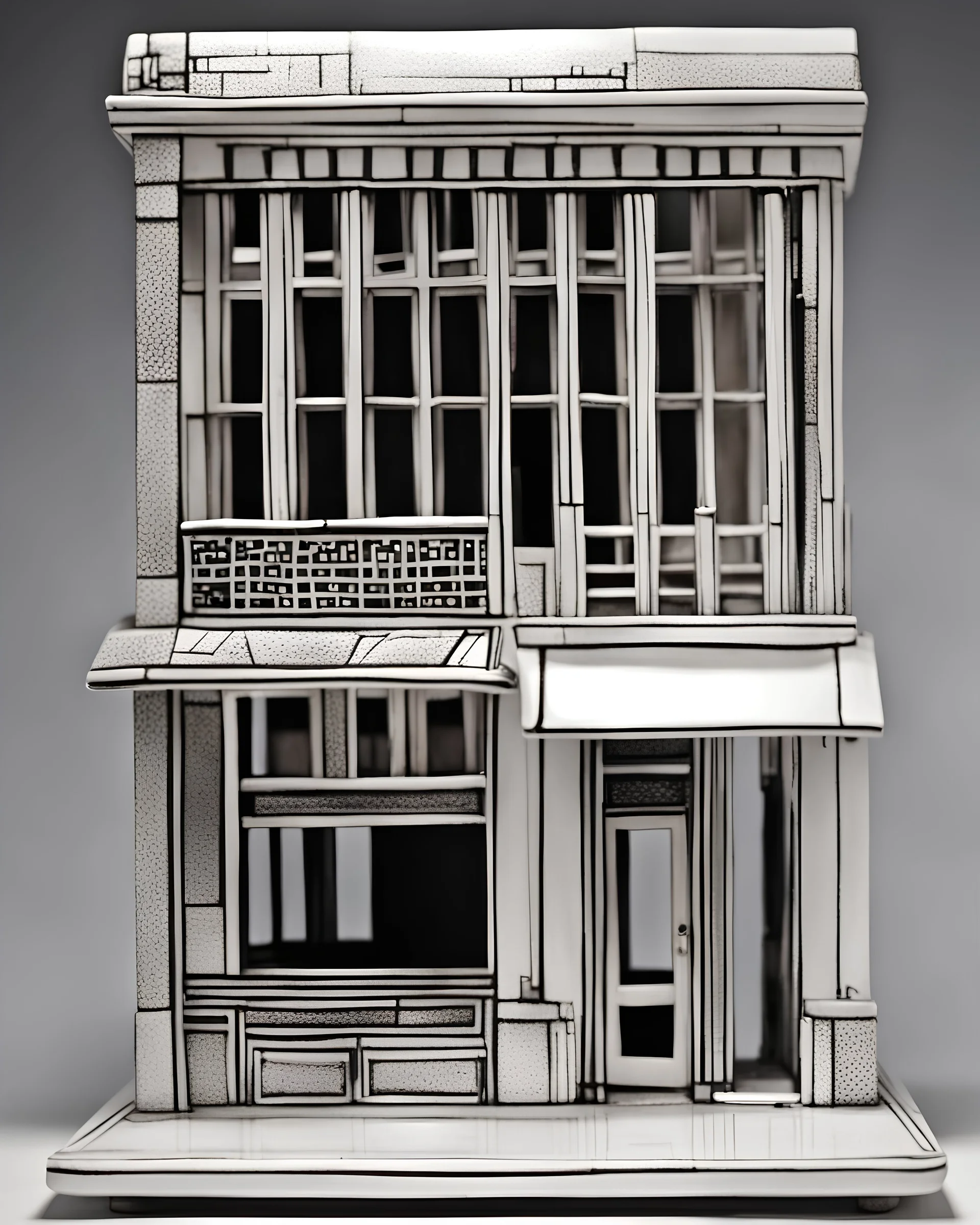 Inspired by gestalt theory and silver mean, intricate brutalist miniature porcelain sculpture of vacant street commercial kiosk on legs, circa 2000, in a contemporary urban art gallery. Eye-catching, vivid, product-focused, sharp focus.