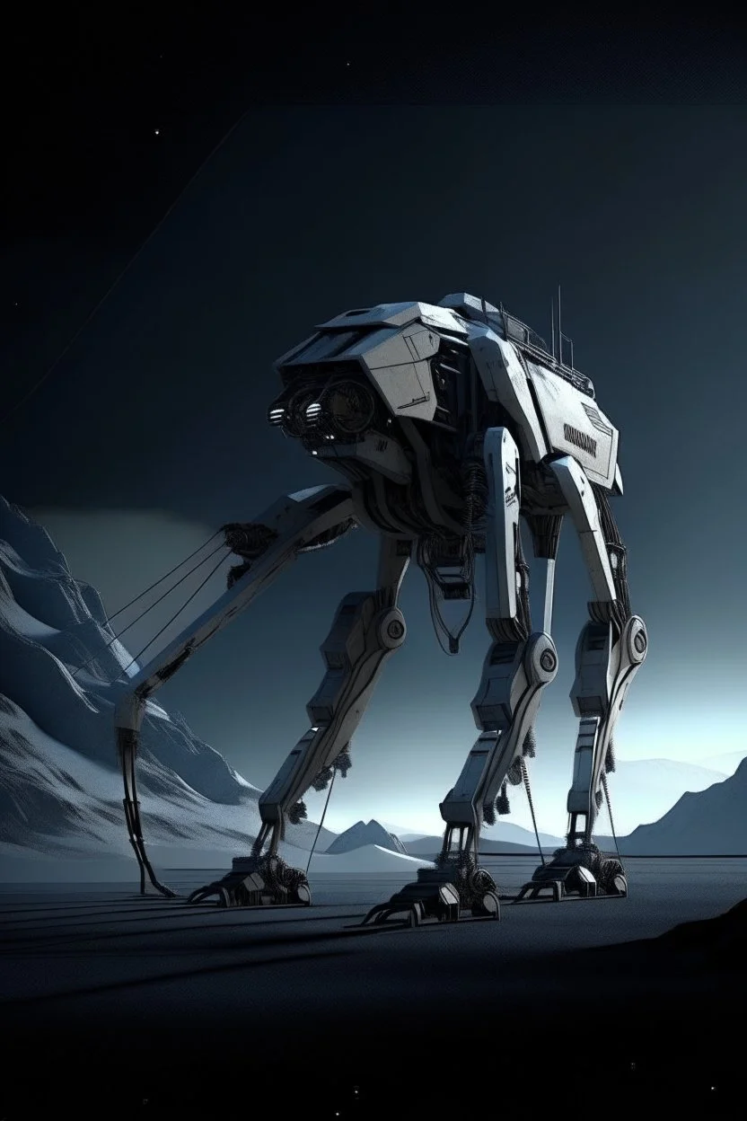 I want an image of a eight legged mechanical walker mech scaling the side of mout everest at night, it has a smooth surface, it has storage pods on its belly human can fit in the pods