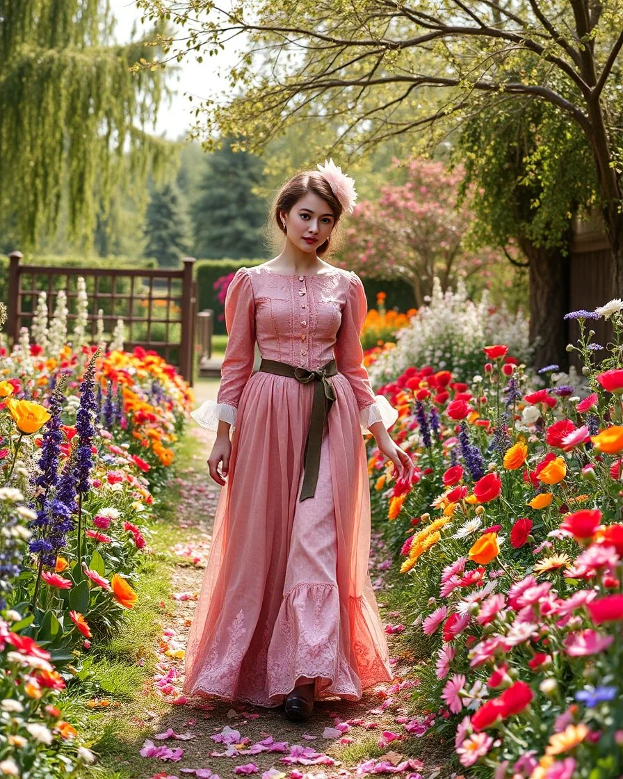 create a video , in a pretty nature of conuntry side a big mas of ramdom pretty flowers fall down and a beautiful lady in victorian clothing comes out and walks with cute in the flowers garde