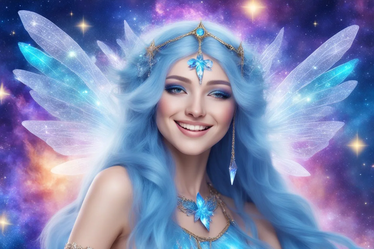A beauty Fairy women with long blue hair. She has Crystal wings and sweety elegant smile.She Is a magic sacred dancer in cosmica ceremony..the background Is a magic coloured bright galaxy, with a stars. She Is so fine gentle and with grace