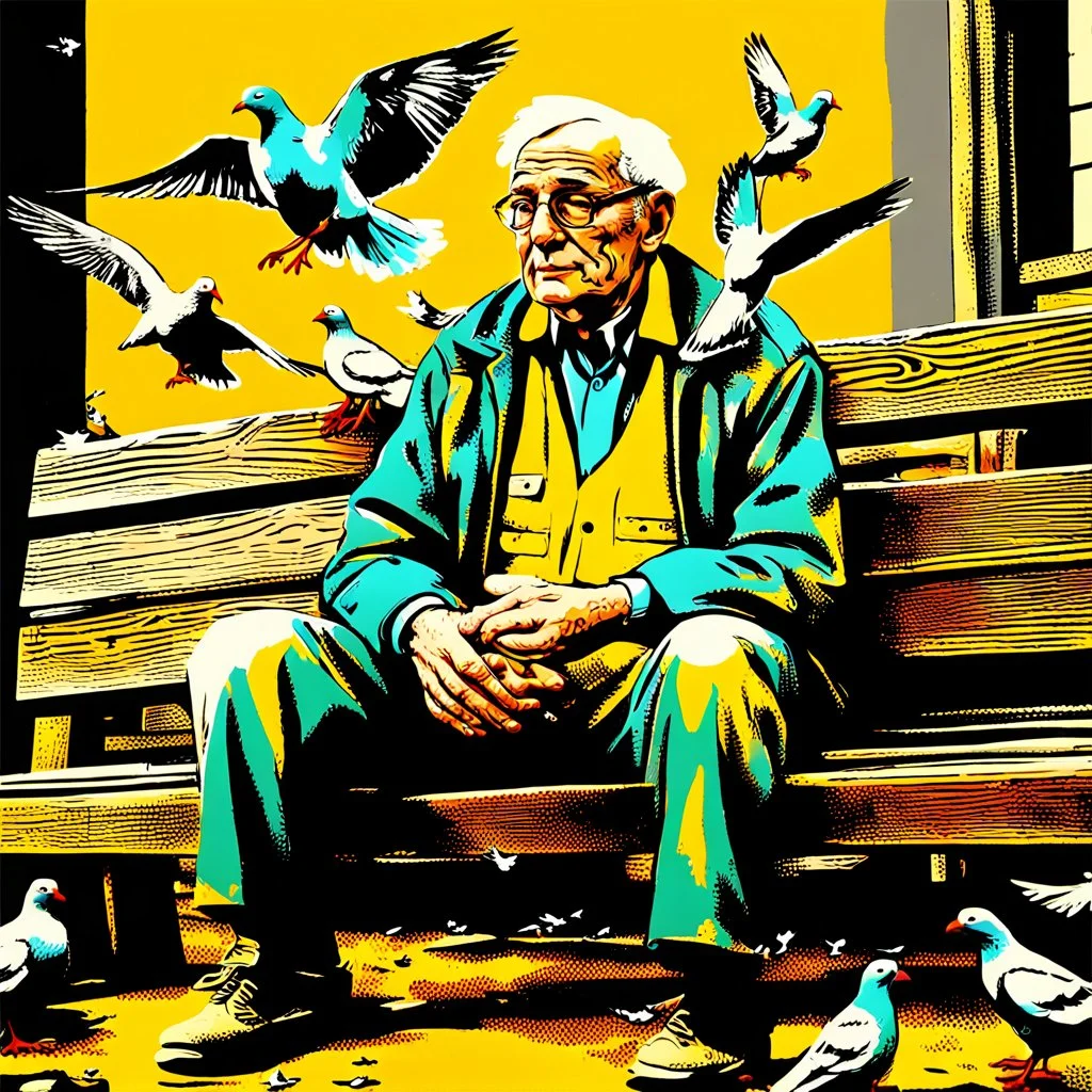 A digital painting in a vintage pop-art style. An elderly man sits on a wooden bench surrounded by pigeons, holding some in his hands. The scene is inspired by a black-and-white photograph but reimagined with bold pop-art colors, strong contrasts, textured brush strokes, and a retro urban atmosphere. The background features distressed textures, with warm yellows, deep reds, and teal greens, blending realism with stylized graphic design. The man’s expression remains detailed and expressive, while