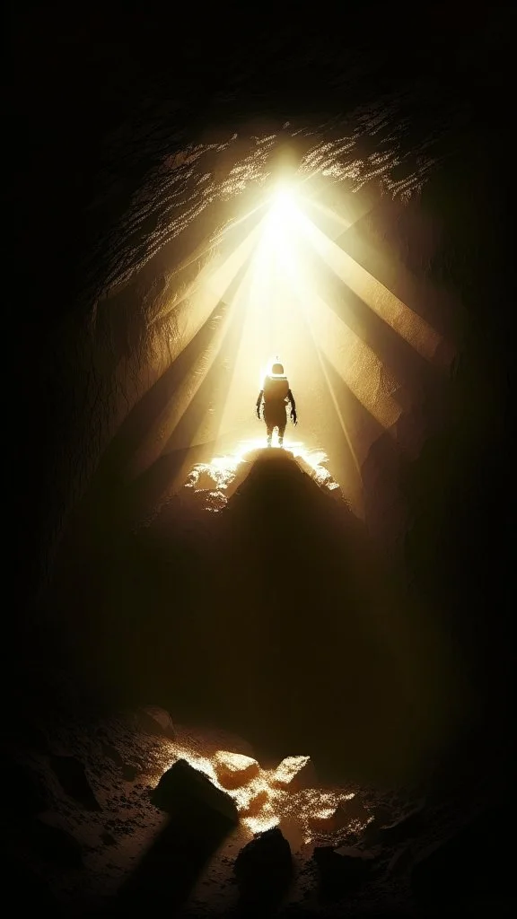 Figure on the scree cone of an underground room dimly lit by sunbeams diffuse, coming from a well located forty meters above.