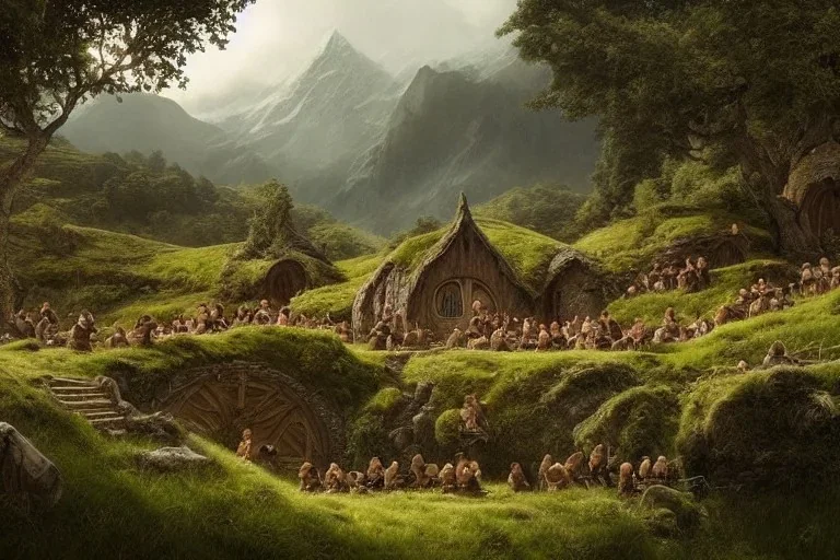 hobbits in the shire scenery landscape, lord of the rings, highly detailed, higly-detailed symmetric faces, perfect lighting, perfect composition, 4 k, artgerm, derek zabrocki, greg rutkowski