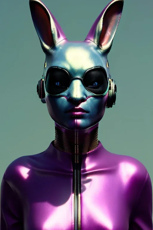 Medium Close Up Portrait, Front image. cyberpunk, rabbit mask, Chinese woman, pink long hair. latex, glossy suit. Pink, black, white, color. Mad max style. Color background, photo studio. Avatar image, highly detailed, concept art, smooth, unreal engine 5, god rays, ray tracing, RTX, lumen lighting, ultra detail, volumetric lighting, 3d, finely drawn, high definition, high resolution.