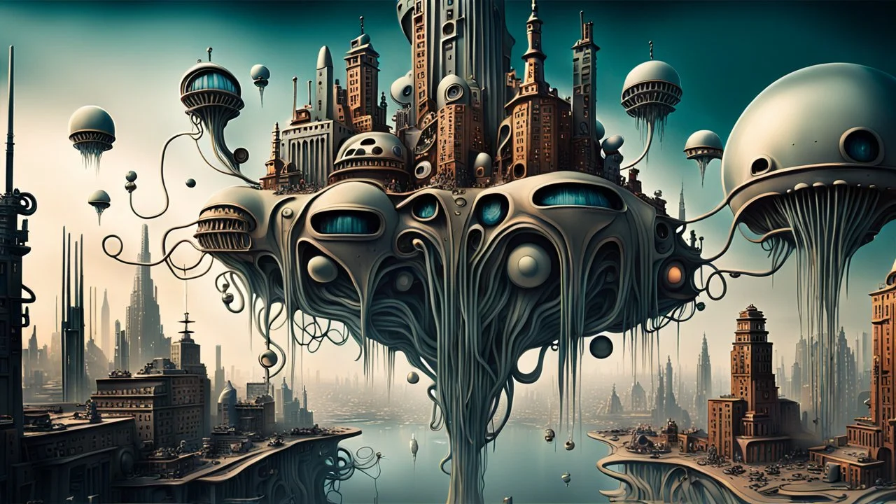 a stunningly weird image of a futuristic metropolis using Salvador Dali's paranoiac-critical method, where buildings and structures appear to melt into the skyline cityscape is filled with floating medusas and mad, twisted metal shapes that interact with the buildings and each other, forming a surreal tableau of a dreamlike reality. neu-steampunk vibe, essence of the scene in a cinematic manner, with dramatic shadows that enhance the distorted perspectives and bizarre mood
