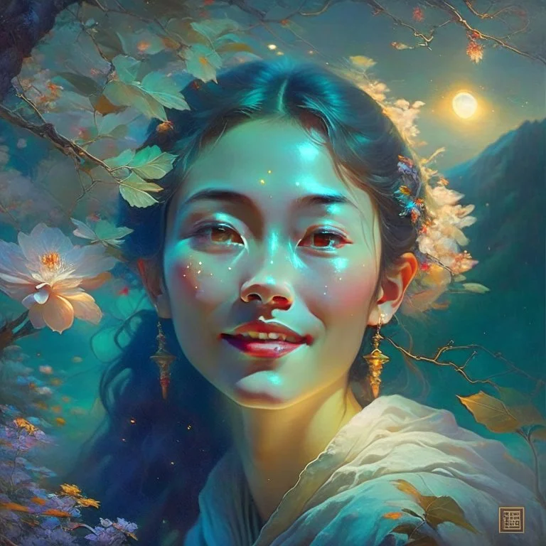 head of chinese hobbit, seductive, smiling, joyful, perfect eyes, soft light, fireflies, moon, night, mountains, trees, fantasy, woolitize, 85mm, RTX, Bouguereau, Salvador Dali, Agnes Cecile, Alma-Tadema